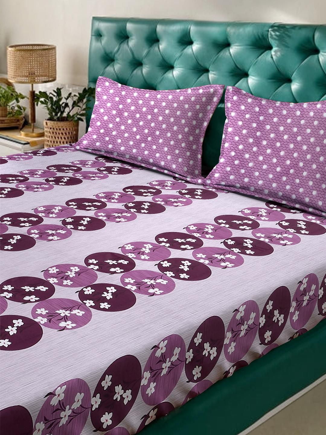 KLOTTHE Purple And White Floral Printed Cotton 400 TC Double Bedsheet Set 2.50 m x 2.20 m
