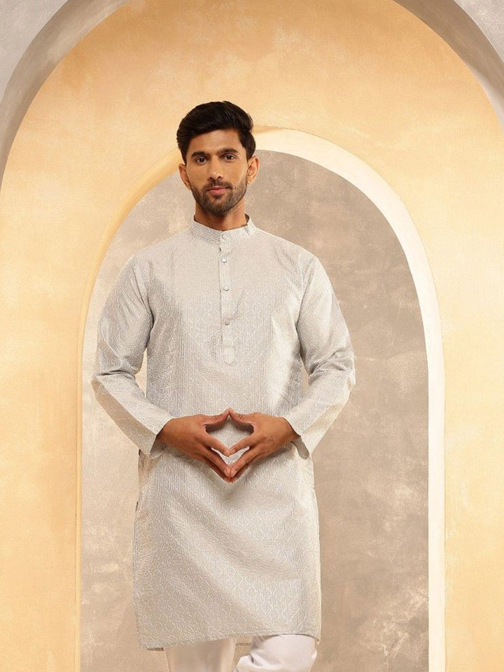 Anouk Geometric Embroidered Band Collar Thread Work Straight Cotton Silk Kurta