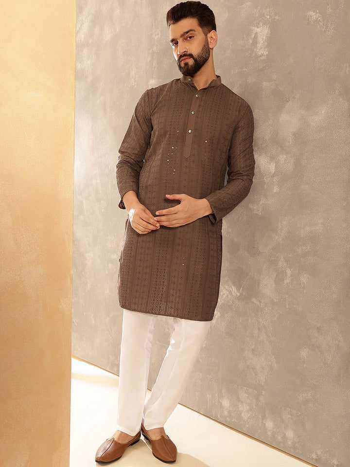 Anouk Dark Brown Embroidered Sequinned Mandarin Collar Pure Cotton Kurta With Trouser