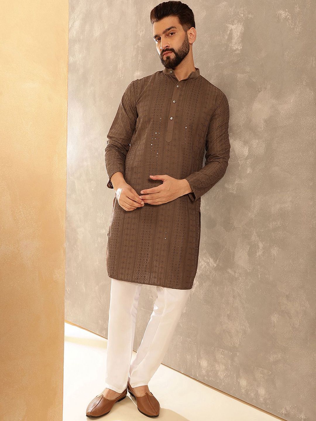 Anouk Dark Brown Embroidered Sequinned Mandarin Collar Pure Cotton Kurta With Trouser