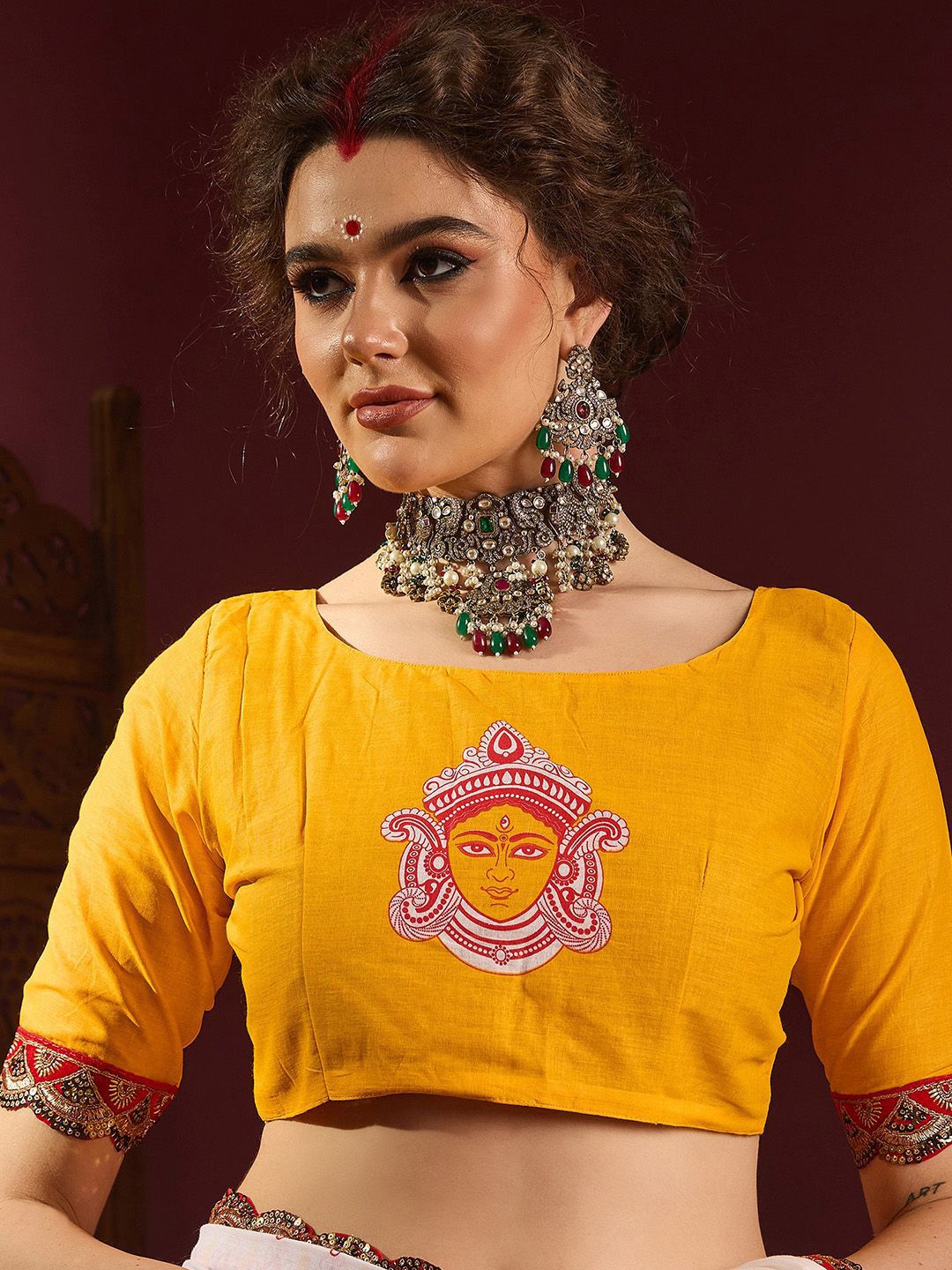 Saree mall Peach Cotton Ethnic Embellished Durga Puja Saree