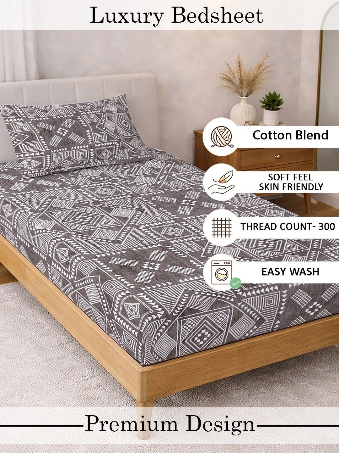 KLOTTHE Brown Geometric 300 TC Single Bedsheet with 1 Pillow Covers
