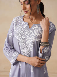 Rumah Wanita Chikankari Kapas Kelabu Chikankari Sulam Kurta