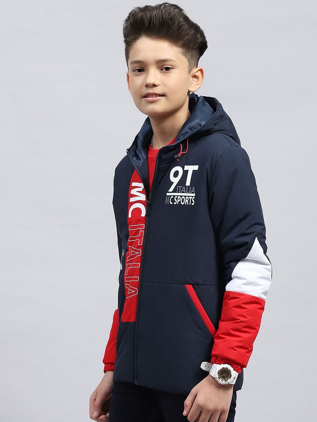 Monte Carlo Boys Hooded Typography Printed Casual Sporty Jacket
