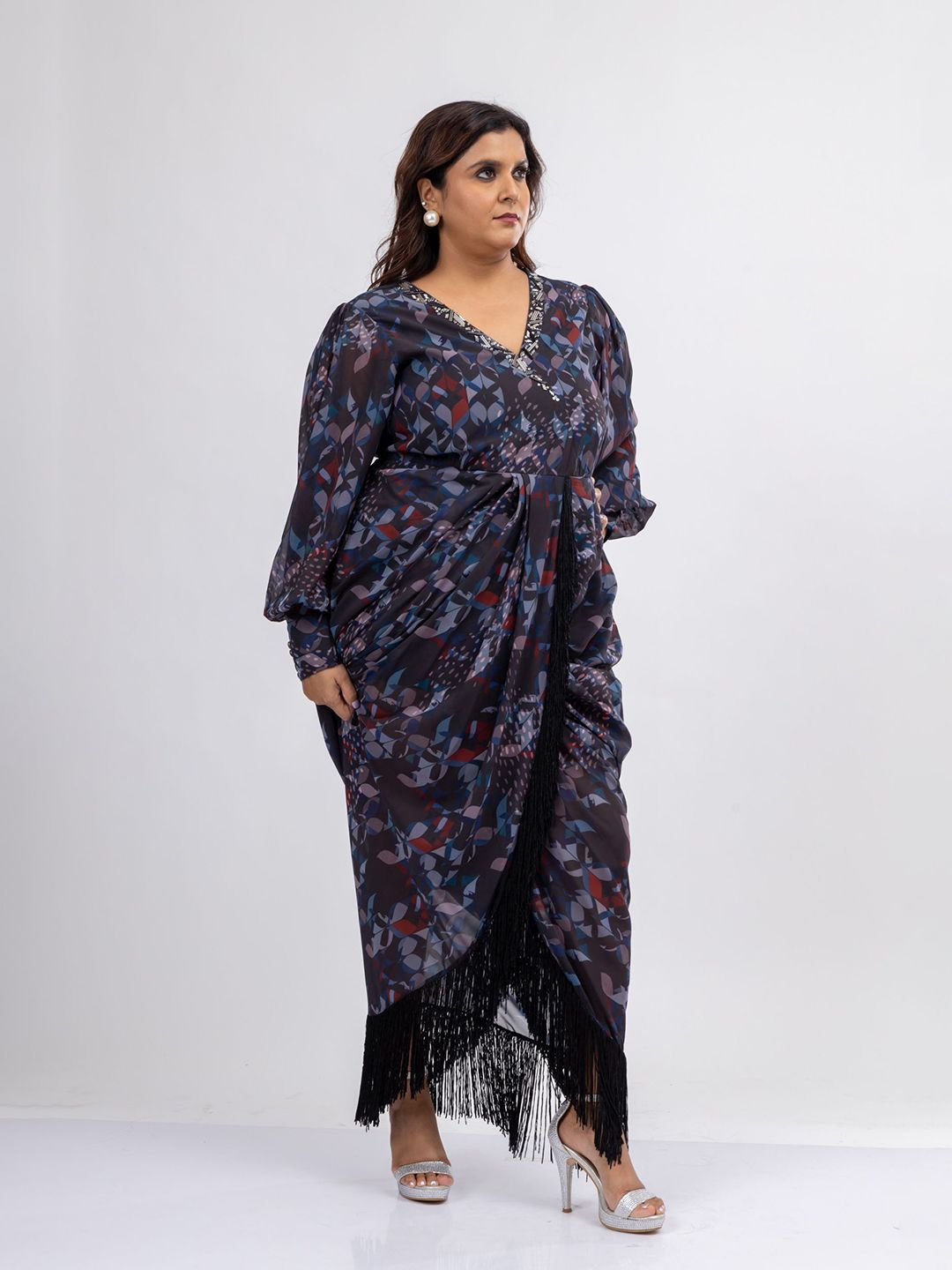Mamicha Wanita Bercetak V-Neck Puff Lengan Gaun Maxi