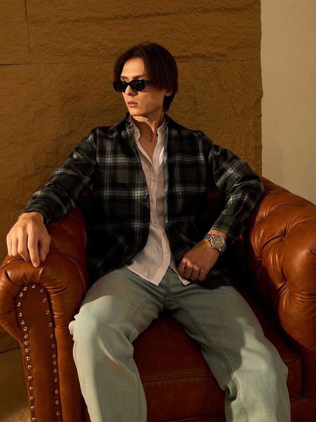 DENNISON Men Double Pocket Drop Shoulder Oversized Cotton Checked Shacket
