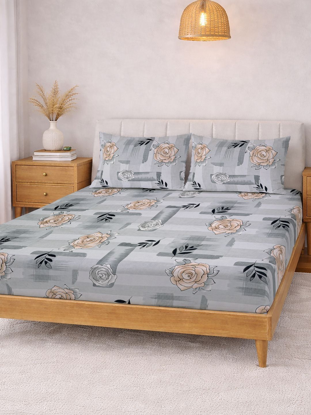 Myntra Elegant Homes Grey Floral 300 TC King Bedsheet With 2 Pillow Covers