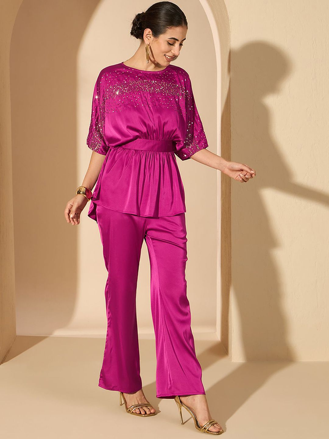 Antheaa Satin Embellished Boat Neck Top With Trousers