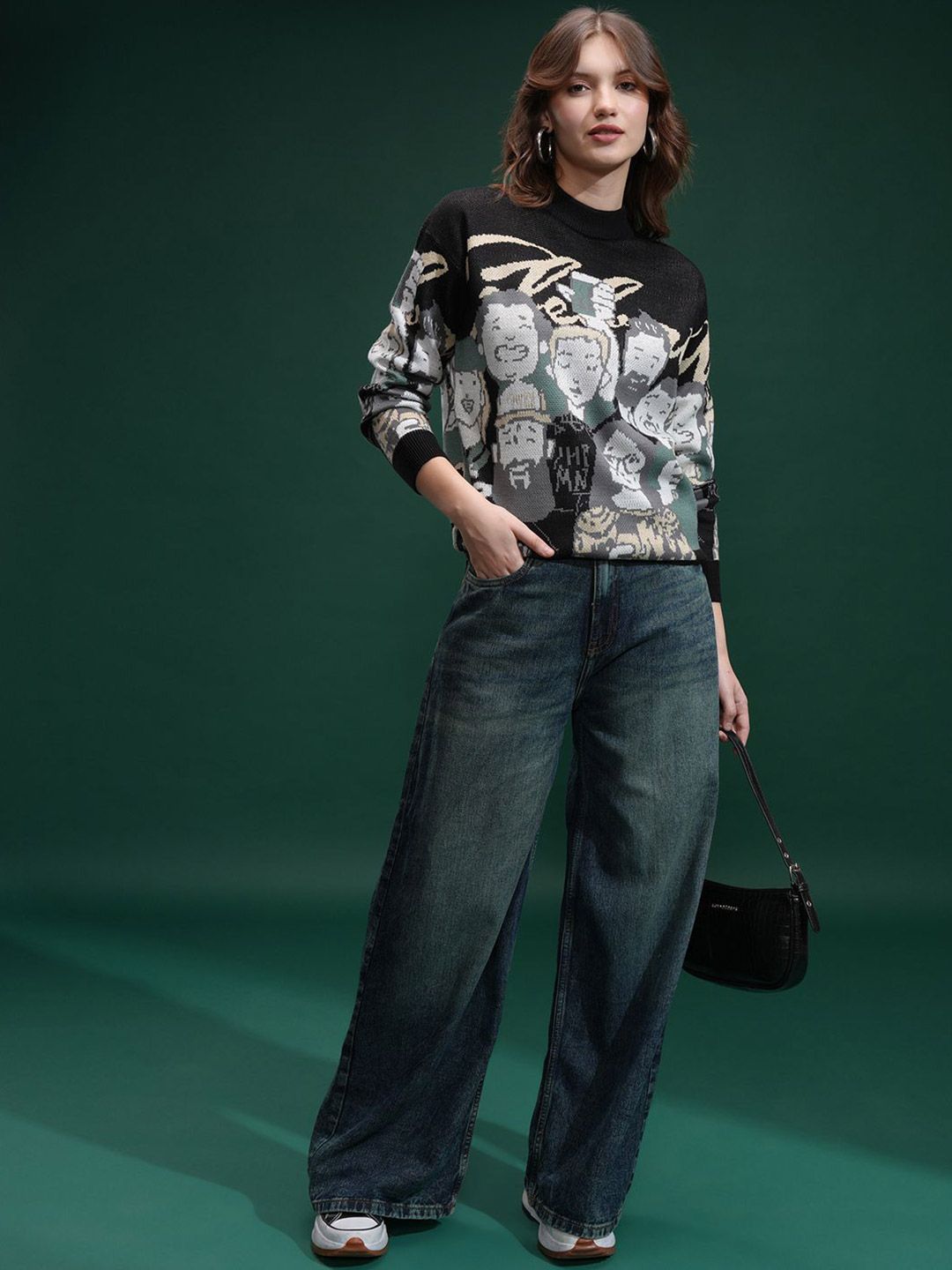 Tokyo Talkies Wanita Leher Reka Bentuk Diri Sweater Bercetak Sweater