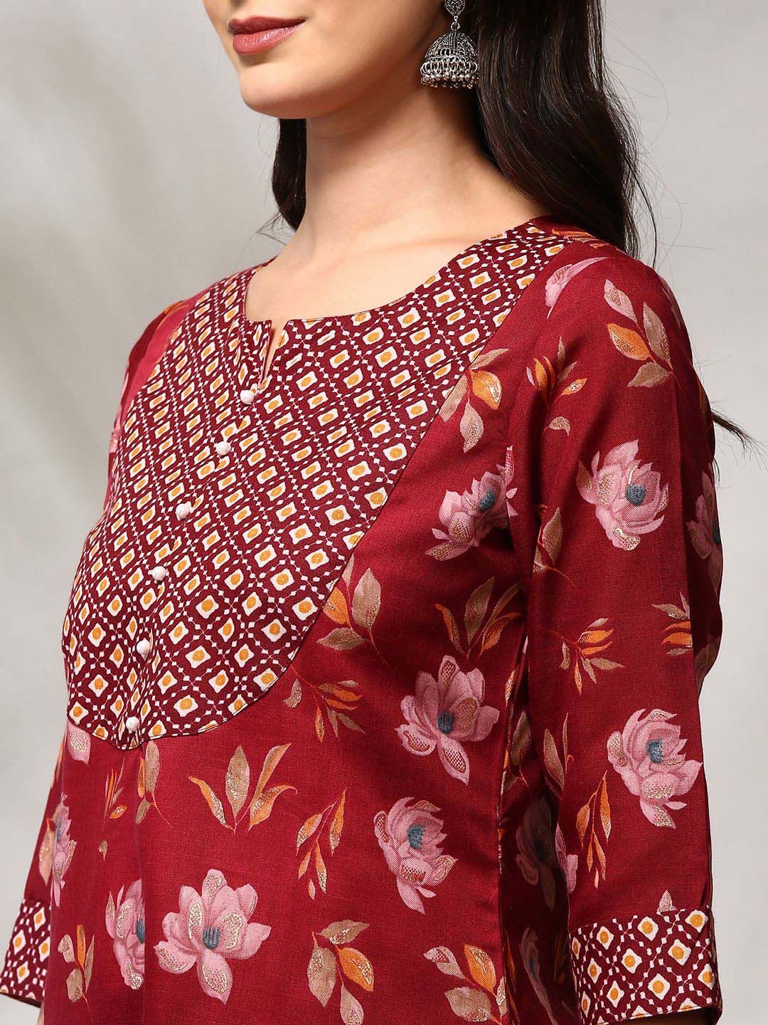 Anouk Floral Printed Thread Work Kurta Lurus Lurus Kurta dengan Seluar & Dupatta