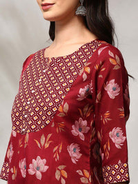 Anouk Floral Printed Thread Work Kurta Lurus Lurus Kurta dengan Seluar & Dupatta