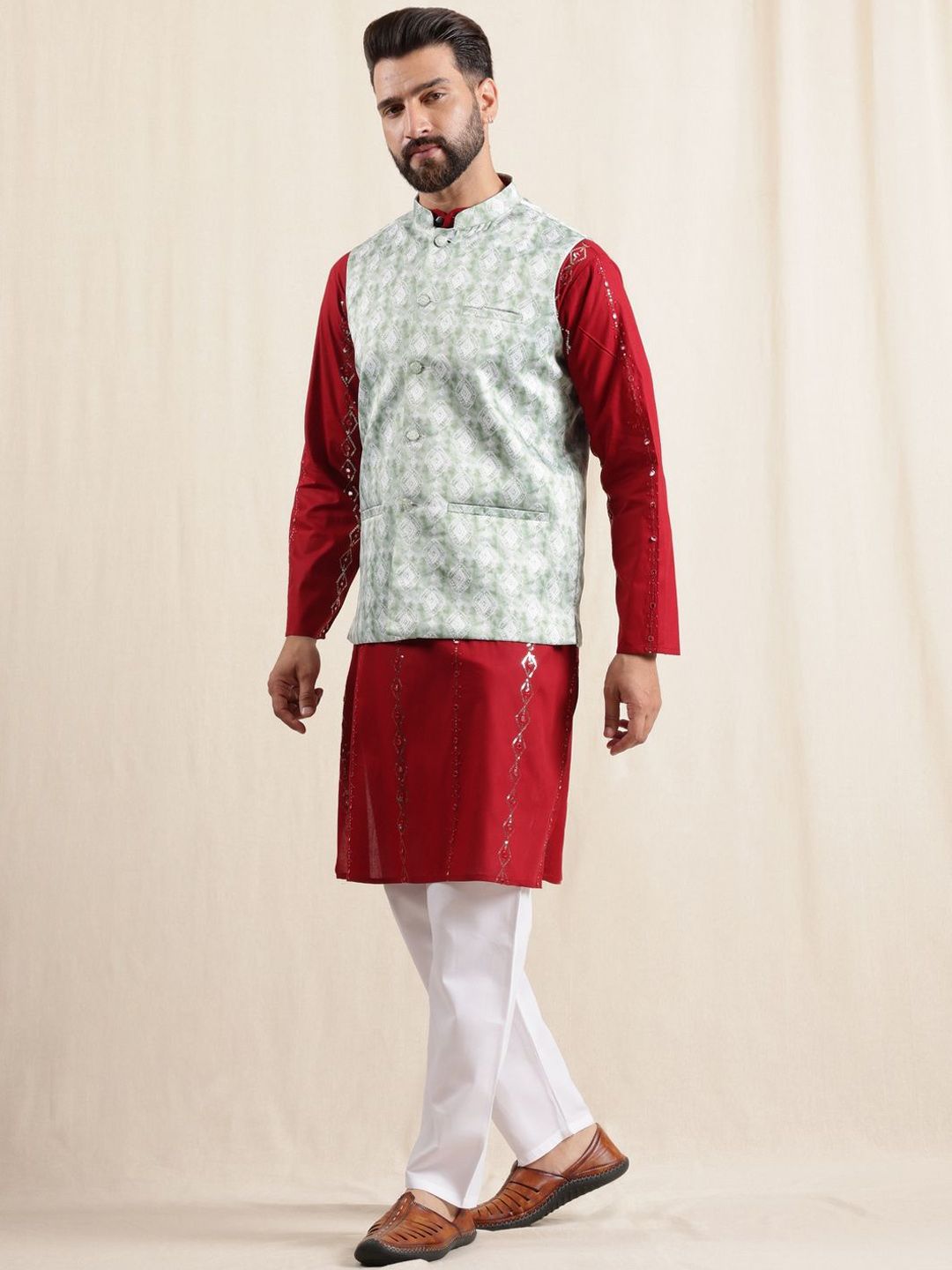Kurta Kapas Sulam Padat Lelaki Anouk dengan Piyama & Jaket Nehru