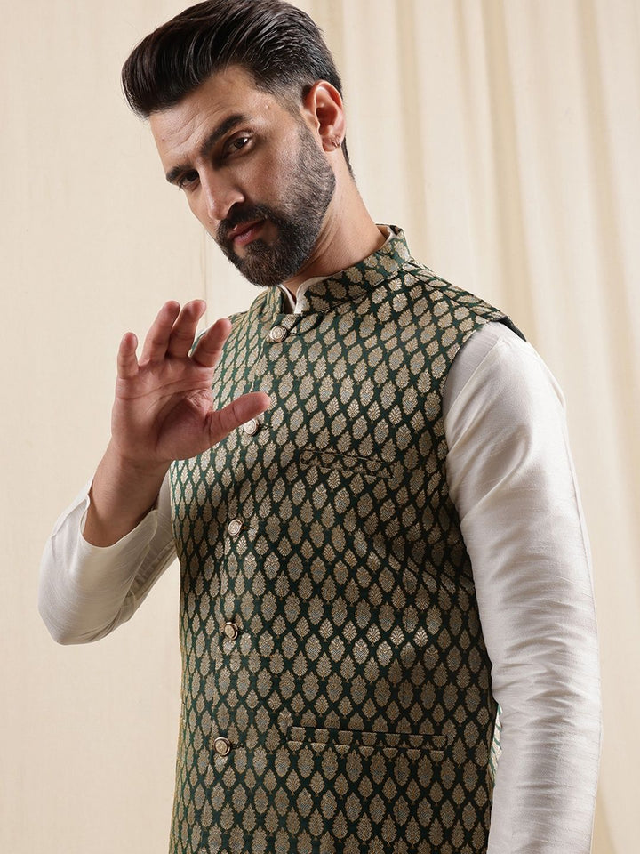 Anouk Men's Silk Blend Cream Kurta Pyjama With Woven Design Green Nehru Jacket