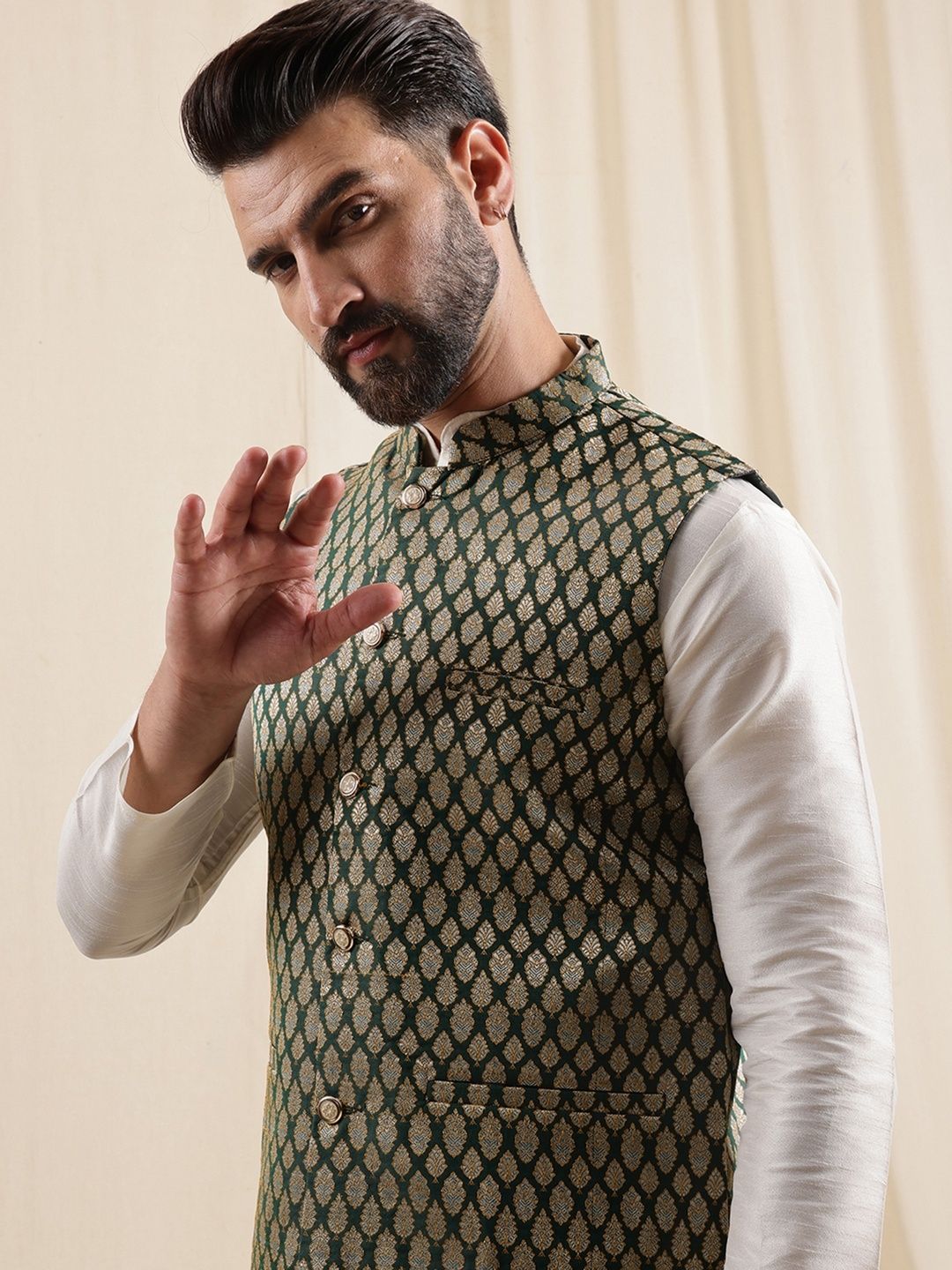Anouk Men's Silk Blend Cream Kurta Pyjama With Woven Design Green Nehru Jacket