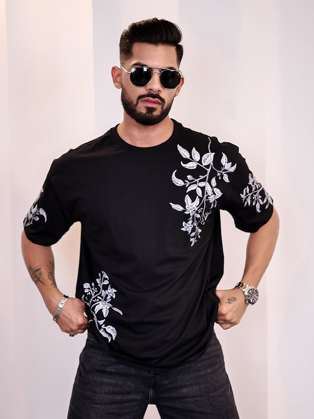 Eszett Lelaki Floral Printed Leher Bulat Kapas Bersaiz Besar T-shirt