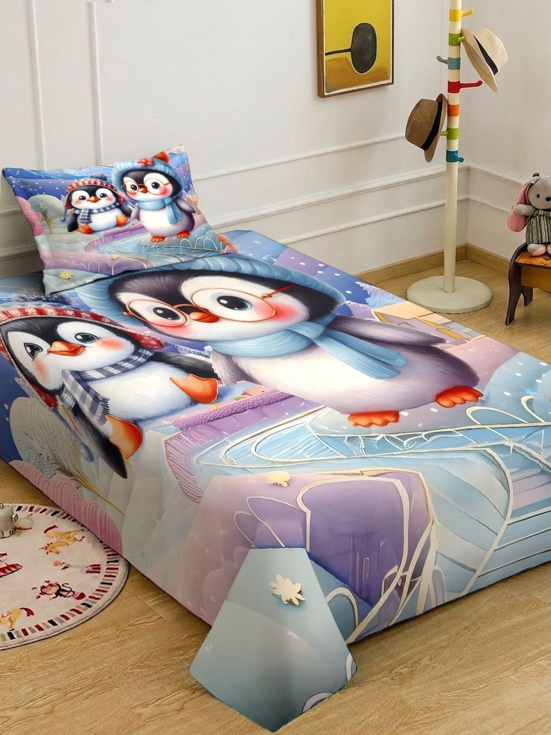 KLOTTHE Blue Cartoon Characters Polycotton Regular 300 TC Single Fine Bedsheets