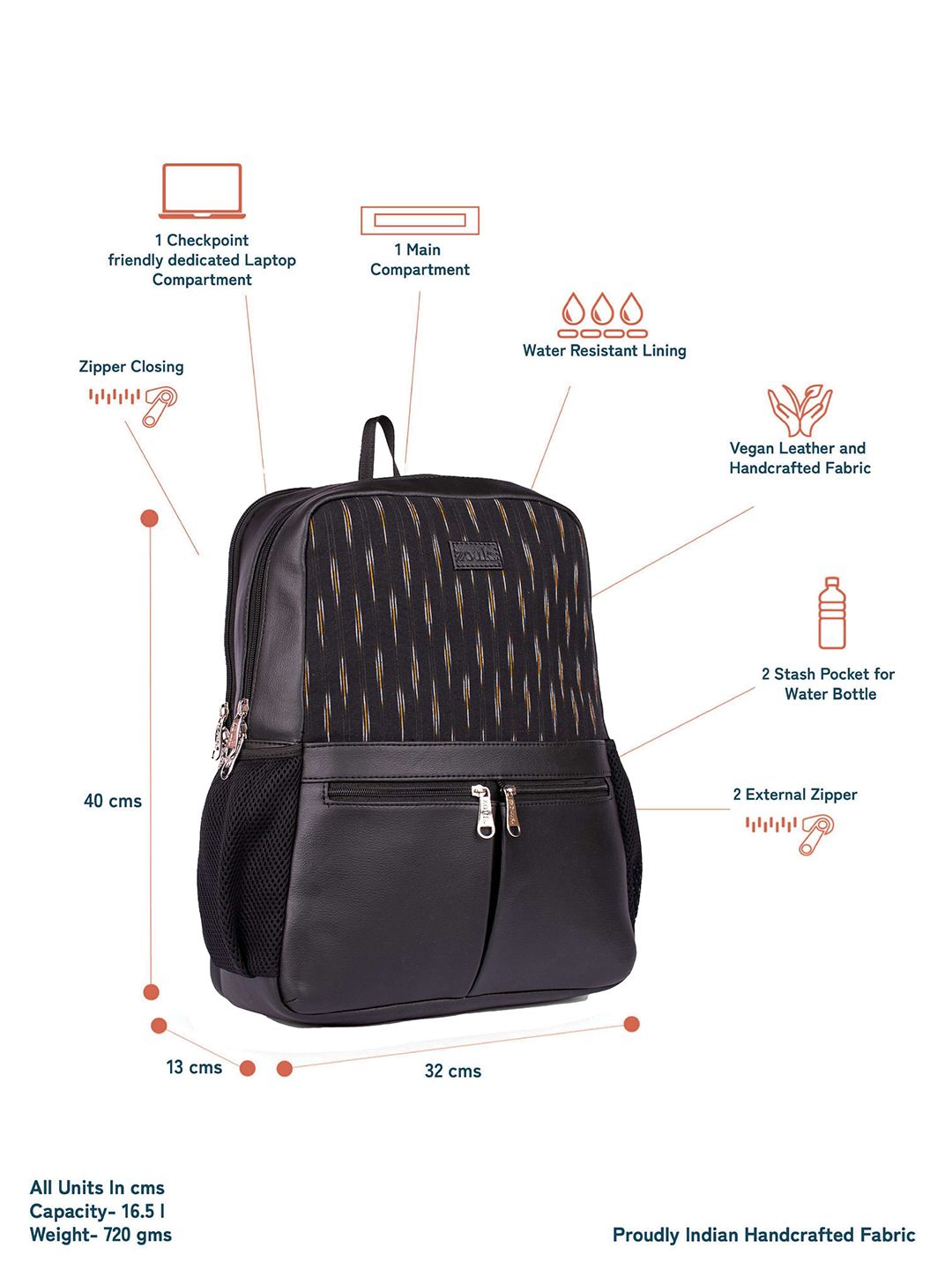ZOUK Unisex Non-Padded Zip Pocket Backpack