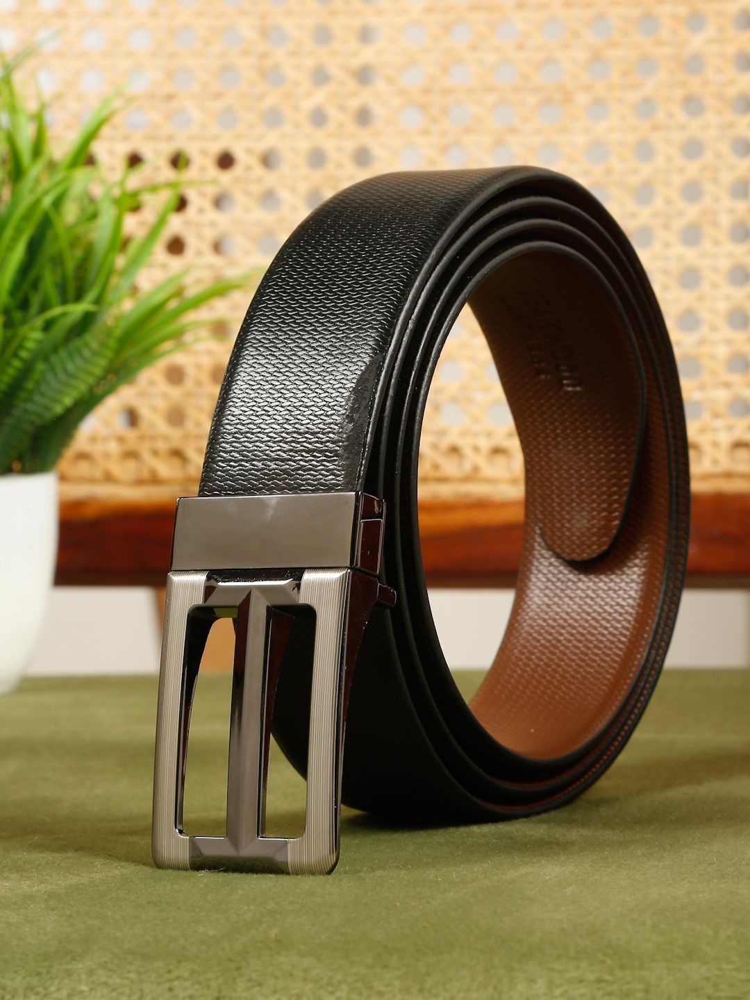 Teakwood Leathers Men Textured Leather Reversible Formal Belt