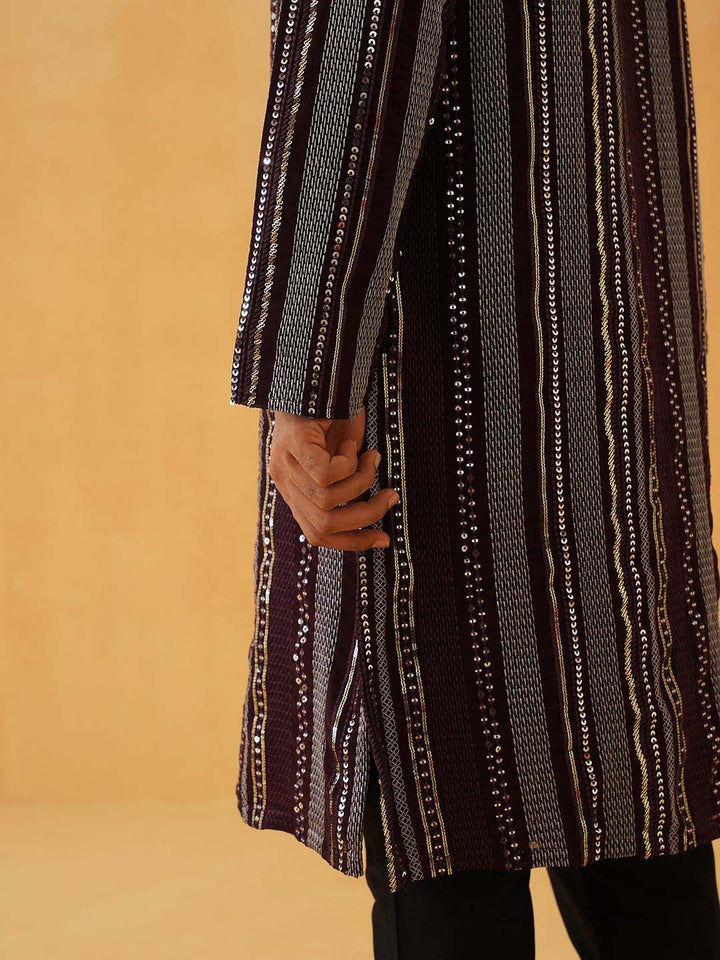 SOJANYA LUXE Striped Embroidered Sequinned Georgette Straight Kurta With Trousers