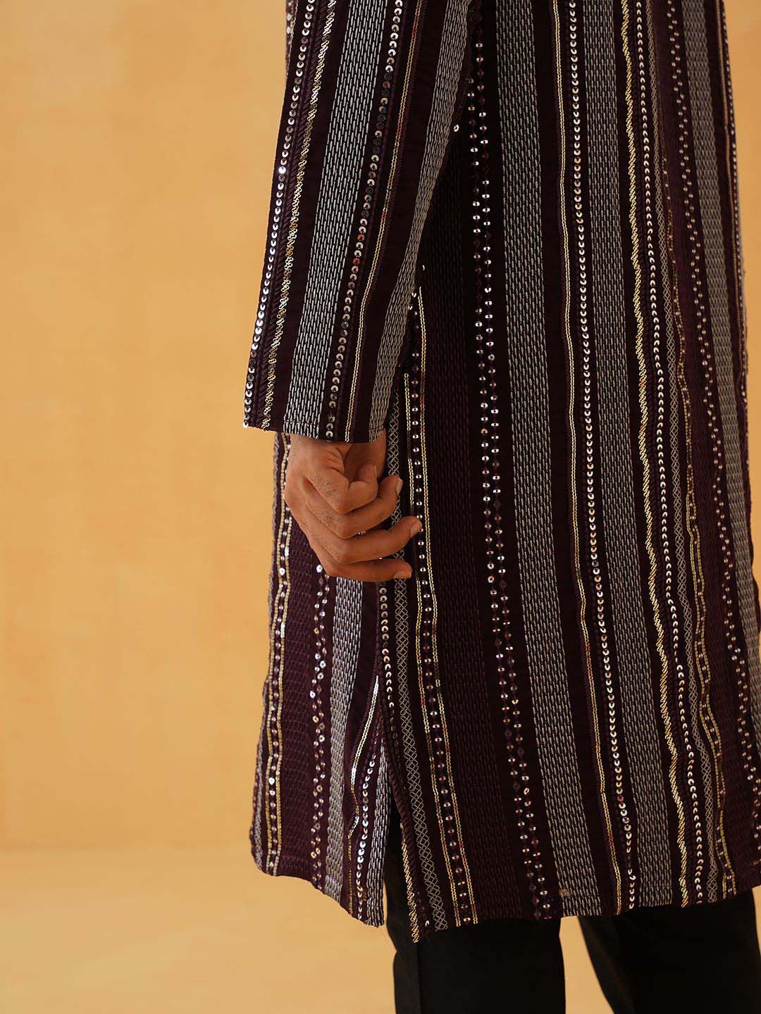 SOJANYA LUXE Striped Embroidered Sequinned Georgette Straight Kurta With Trousers