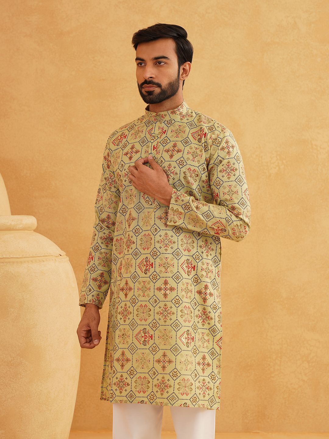 SOJANYA Ethnic Motifs Printed Band Collar Straight Long Kurta
