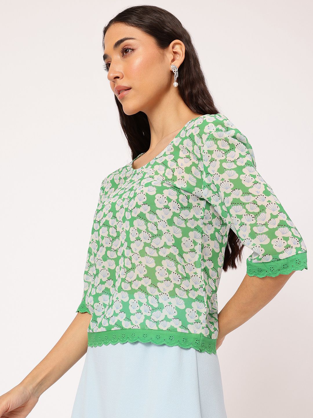 DressBerry Blooming-Bliss Floral Printed Lace-Hem Semi-Sheer Top
