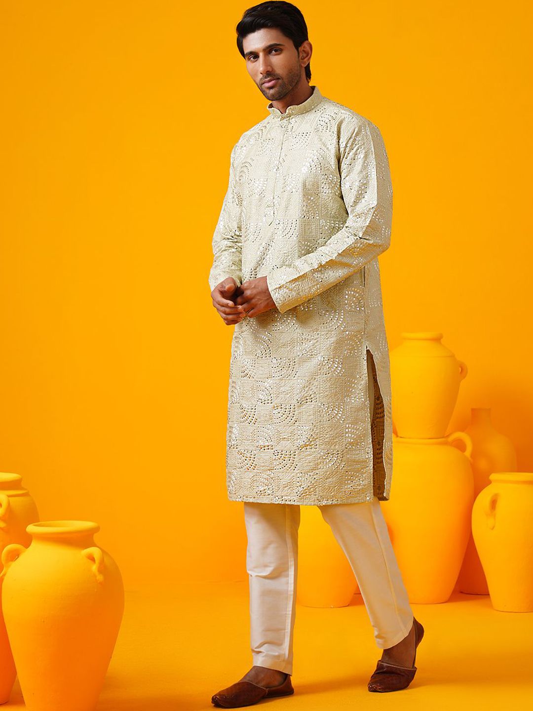 SOJANYA LUXE Geometrik Sulam Kolar Mandarin Benang Kerja Kurta Lurus