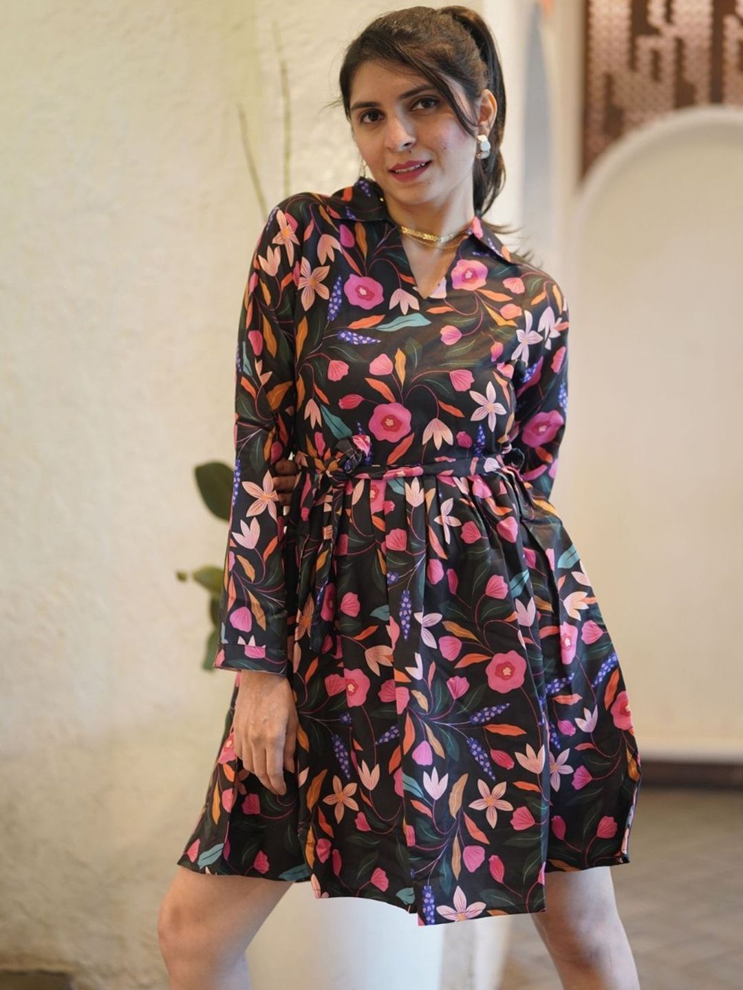 KALINI Women Floral Printed Fit & Flared Shirt Collar Above Knee Ethnic Dress