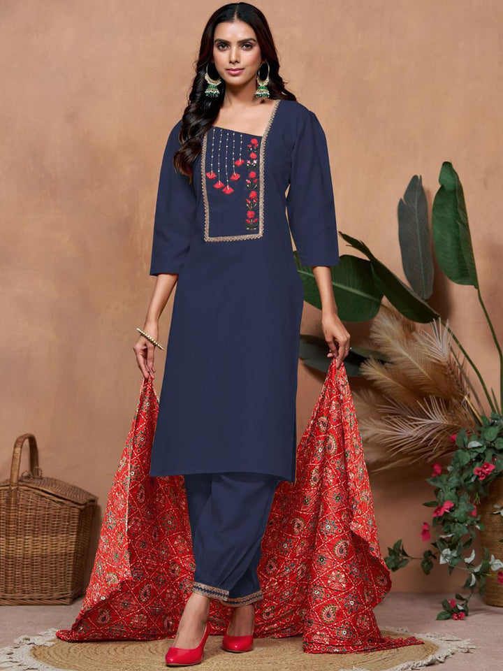 KALINI Ethnic Motifs Yoke Design Thread Work Straight Kurta With Salwar & Dupatta