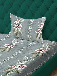 KLOTTHE Green Floral Printed Fitted 300 TC Woolen Single Bedsheet With 1 Pillow Cover