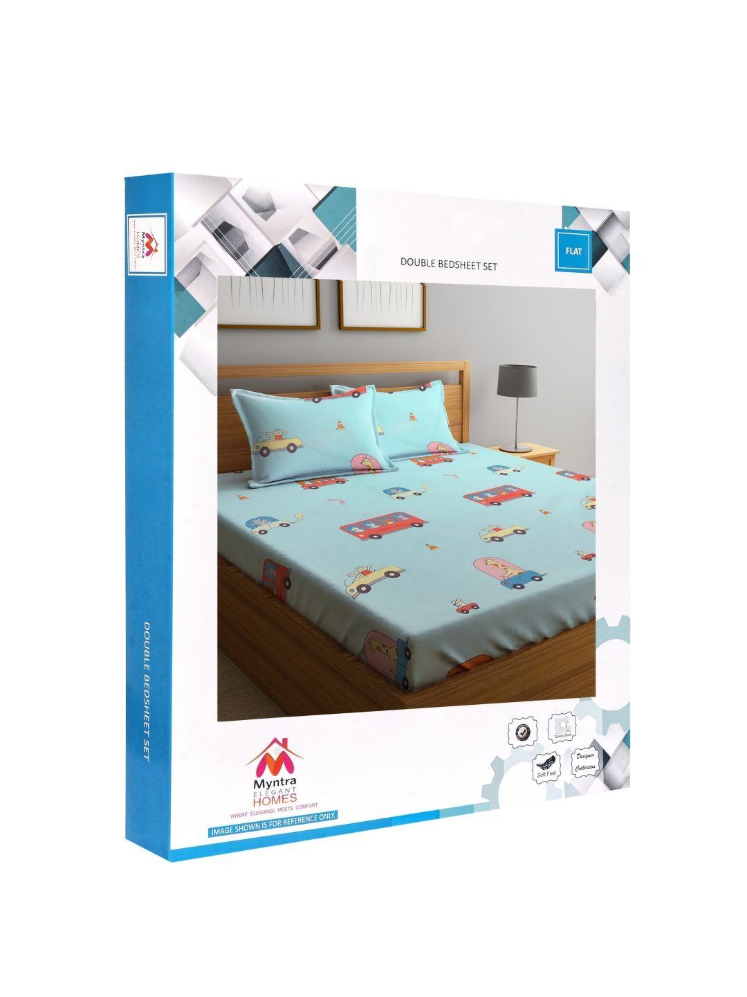 Myntra Elegant Homes Blue Conversational Cotton 300 TC King Fine Bedsheet with 2 Pillow Covers-98 x 87 inches