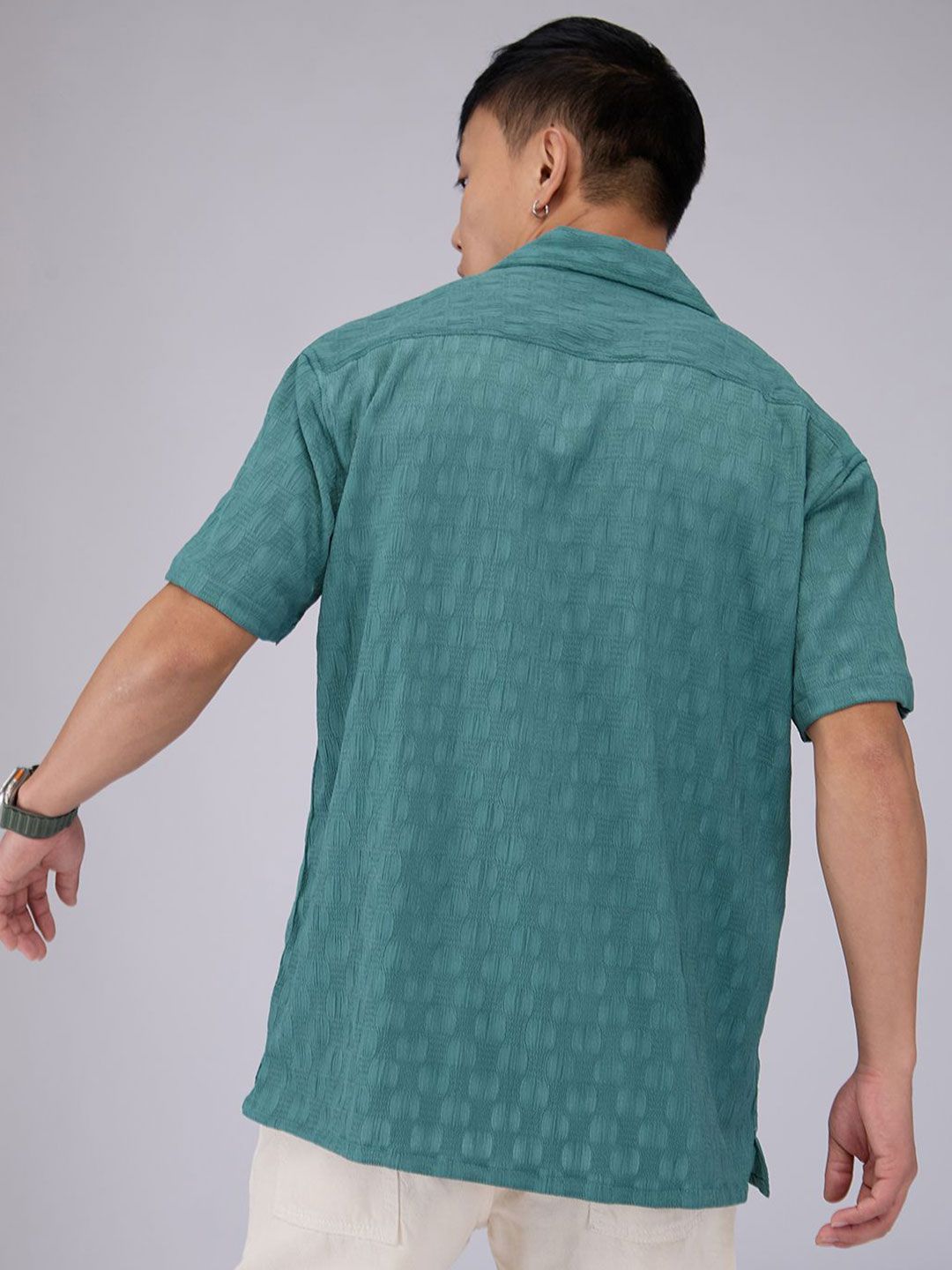 VASTRADO Men Classic Cuban Collar Textured Oversized Casual Shirt