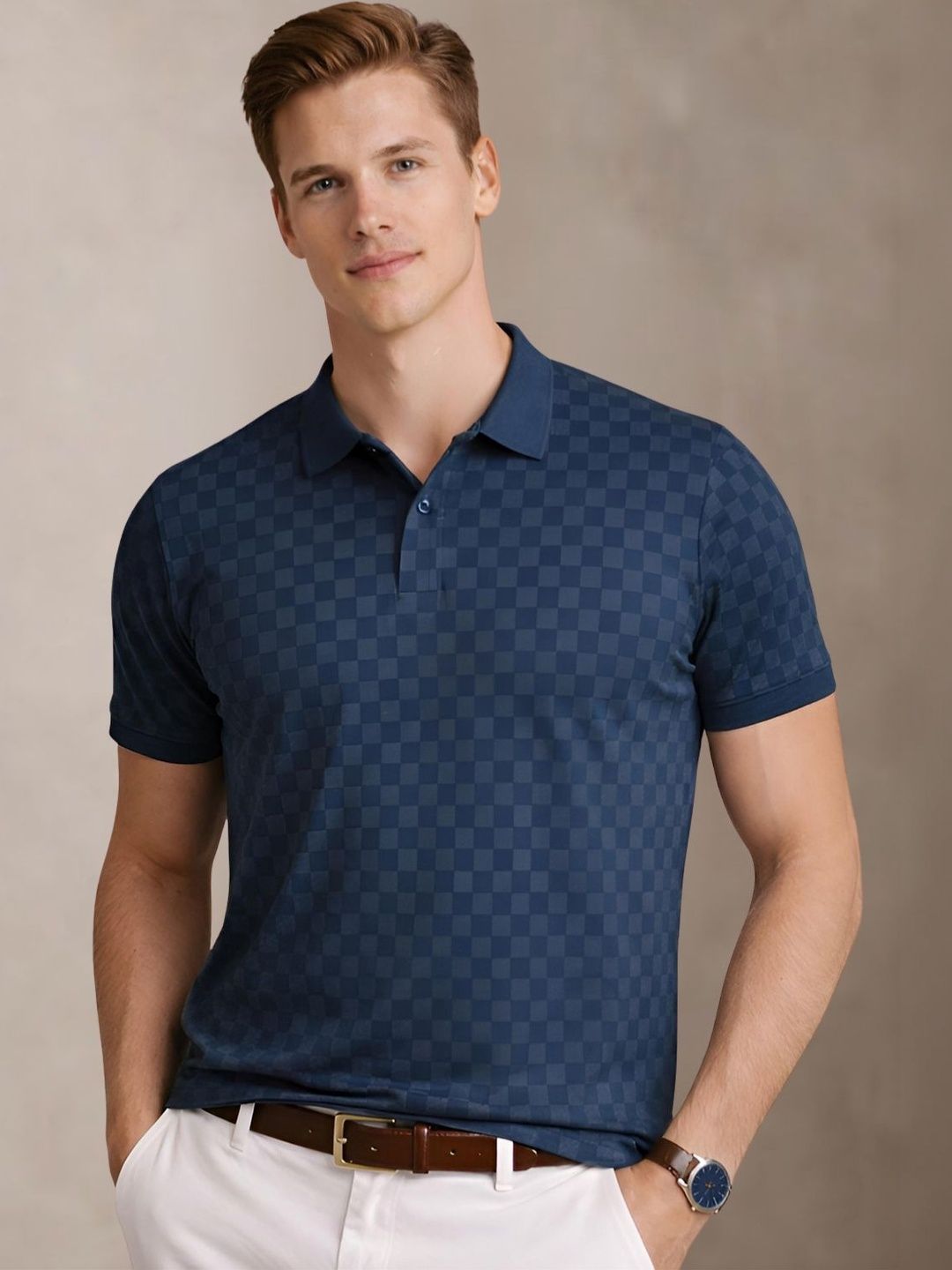 ADRO Men Checked Polo Collar T-shirt