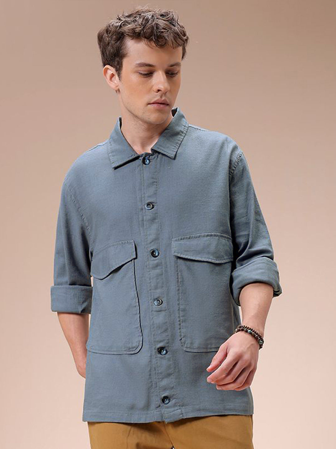 The Indian Garage Co Men Regular Fit Solid Double Flap Pocket Resortwear Overshirt