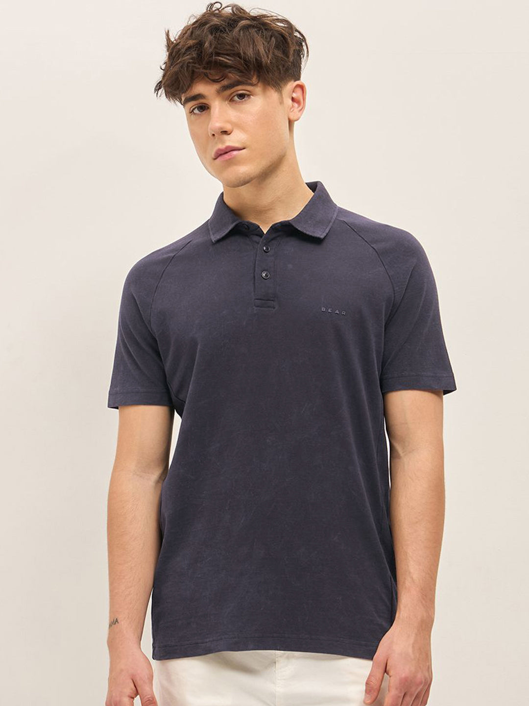THE BEAR HOUSE Men Solid Polo Collar Cotton T-shirt