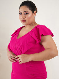 SASSAFRAS Curve Plus Size V-Neck Ruffled Slit Sheath Dress