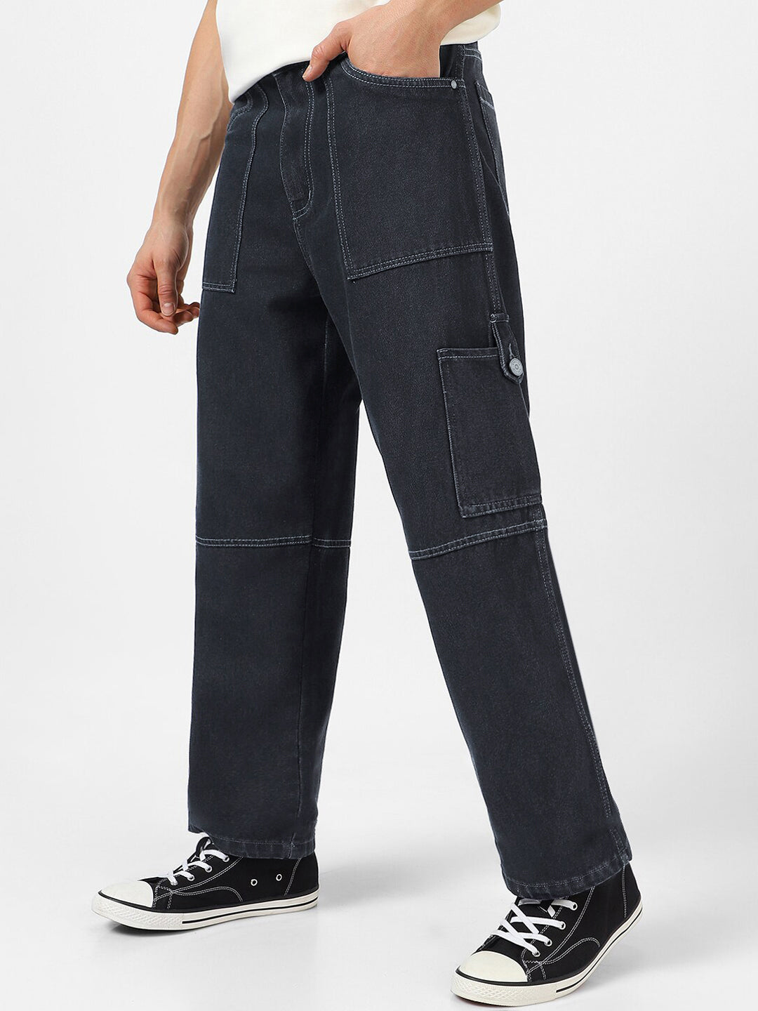 Urbano Fashion Men Loose Baggy Fit Washed Cargo Jeans with 6 Pockets Non-Stretchable