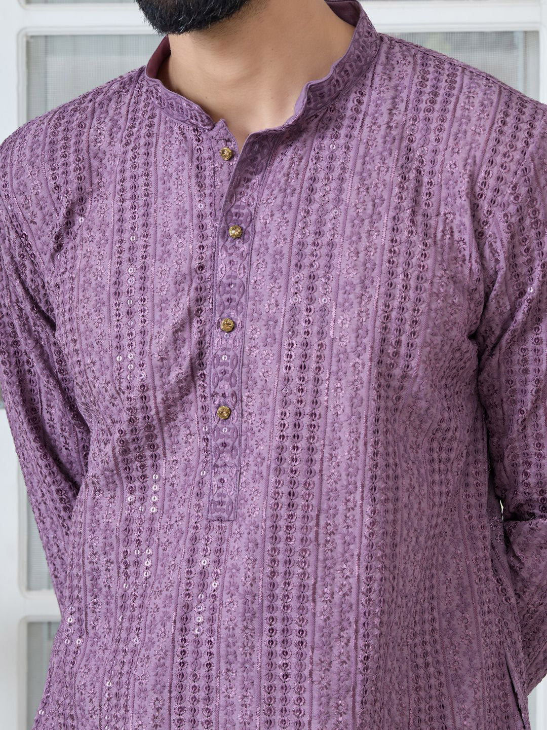 See Designs Floral Embroidered Mandarin Collar Thread Work Straight Kurta