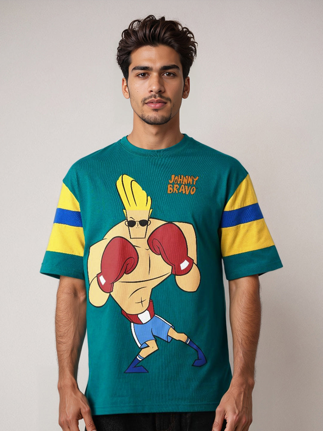 The Indian Garage Co Men Johnny Bravo Graphic Printed Round Neck Cotton Oversized T-shirt