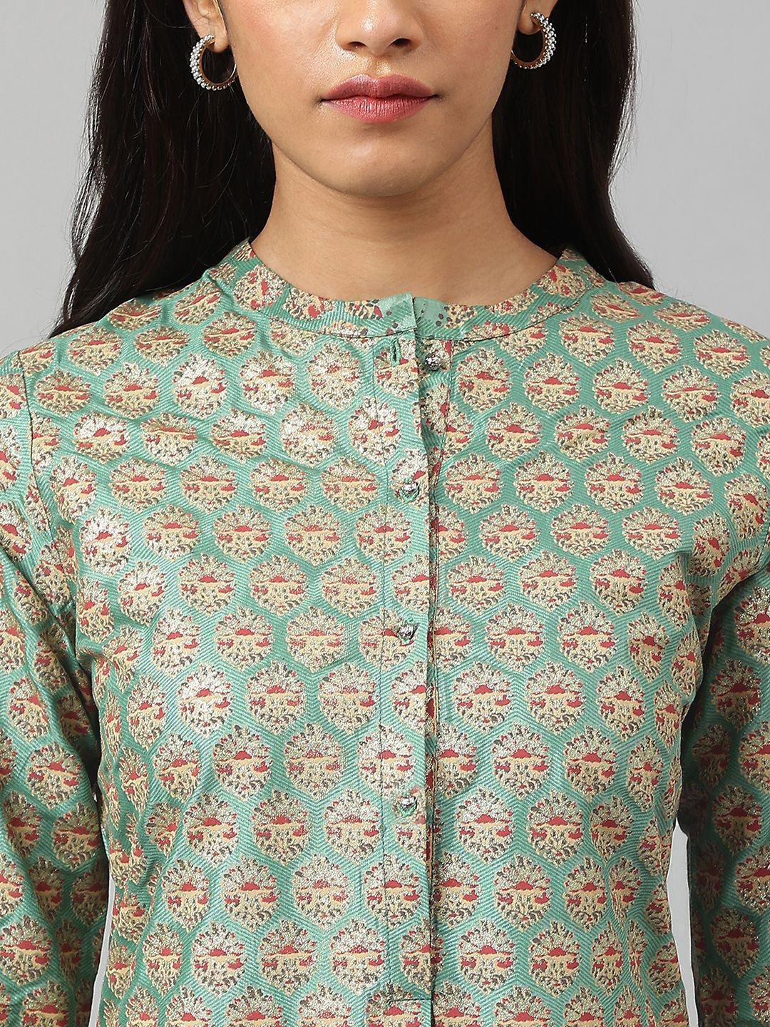 W Floral Printed Mandarin Collar Roll-Up Sleeves Straight Kurta