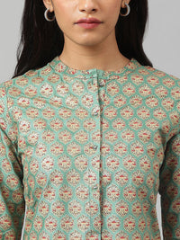 W Floral Printed Mandarin Collar Roll-Up Sleeves Straight Kurta