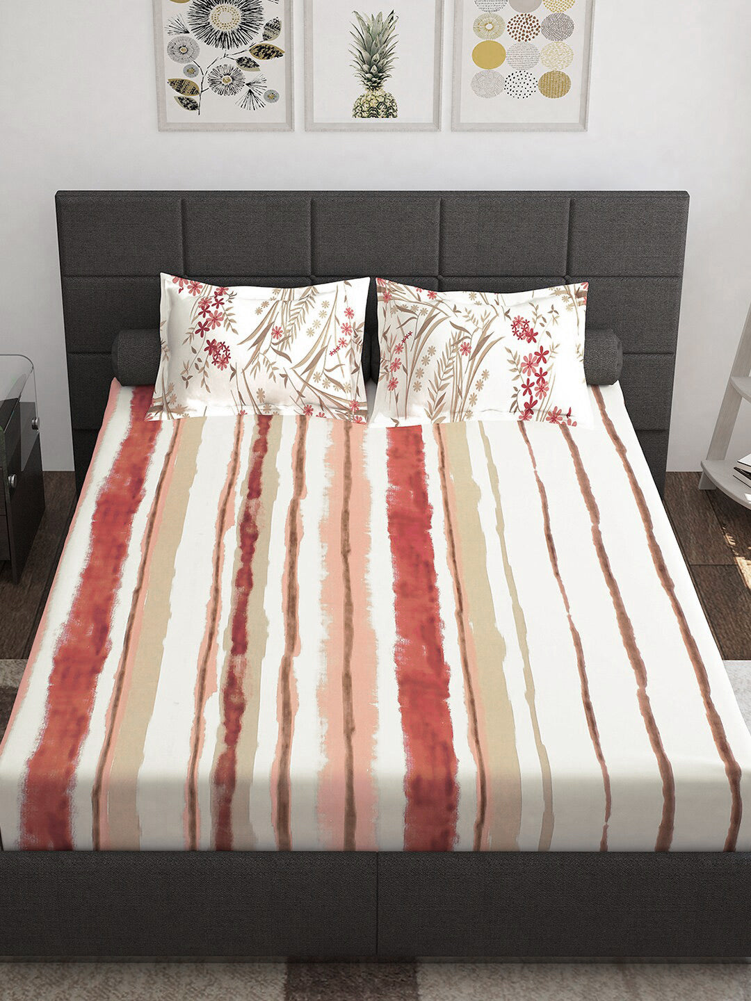 Story@home Red Striped Cotton 144 TC Queen Bedsheet with 2 Pillow Covers-89 x 98 inches