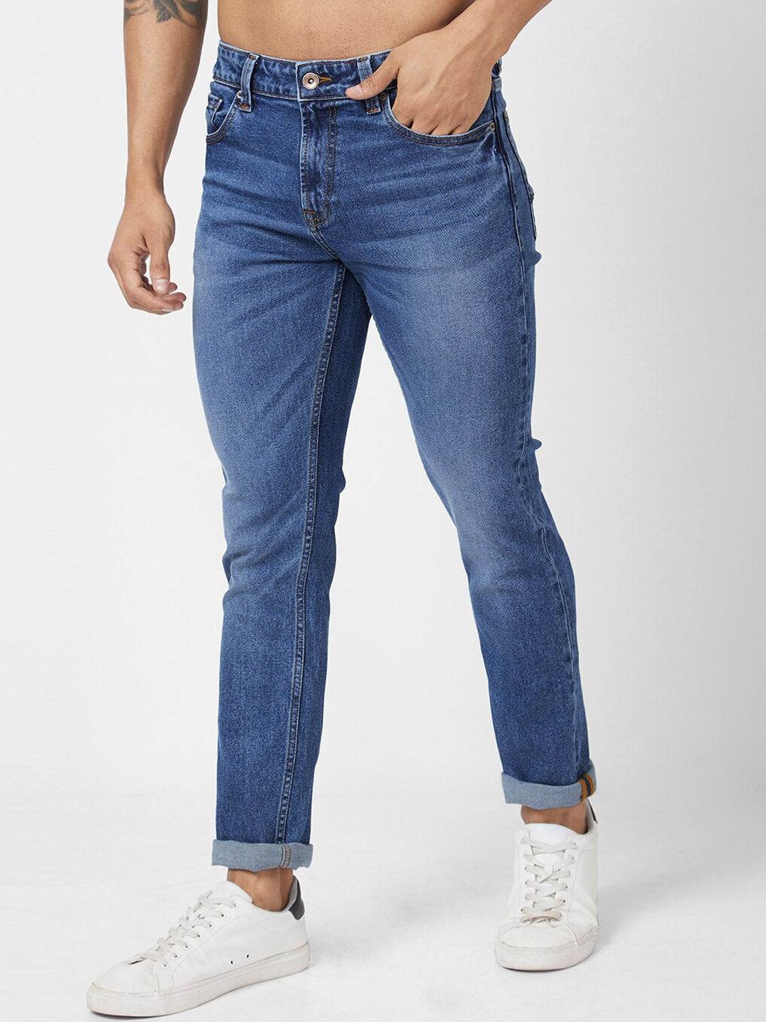 SPYKAR Men Slim Fit Low-Rise Heavy Fade Clean Look Cotton Stretchable Jeans