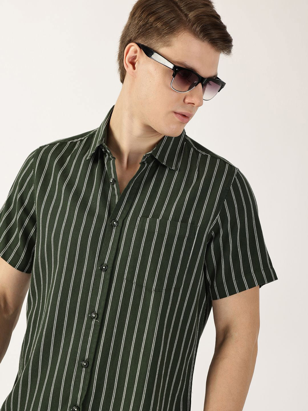 Thomas Scott Men Classic Slim Fit Spread Collar Vertical Striped Cotton Casual Shirt