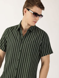 Thomas Scott Men Classic Slim Fit Spread Collar Vertical Striped Cotton Casual Shirt