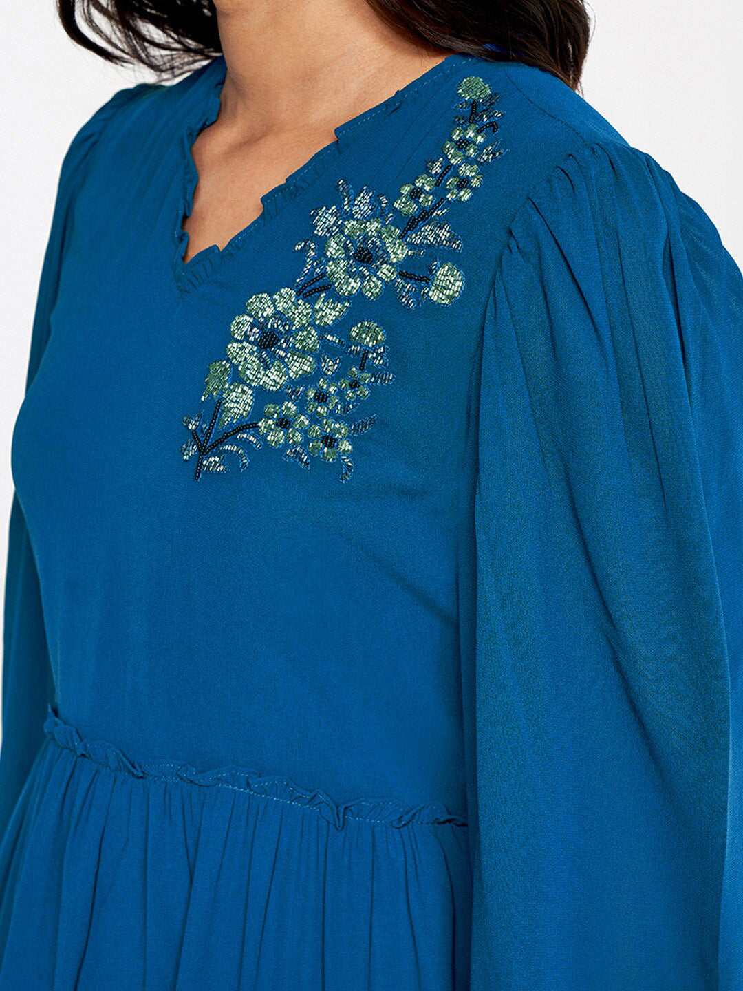 AND V-Neck Embellished Tiered Fit & Flare Dress