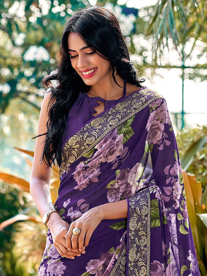 Saree mall Violet Floral Printed Poly Georgette Saree