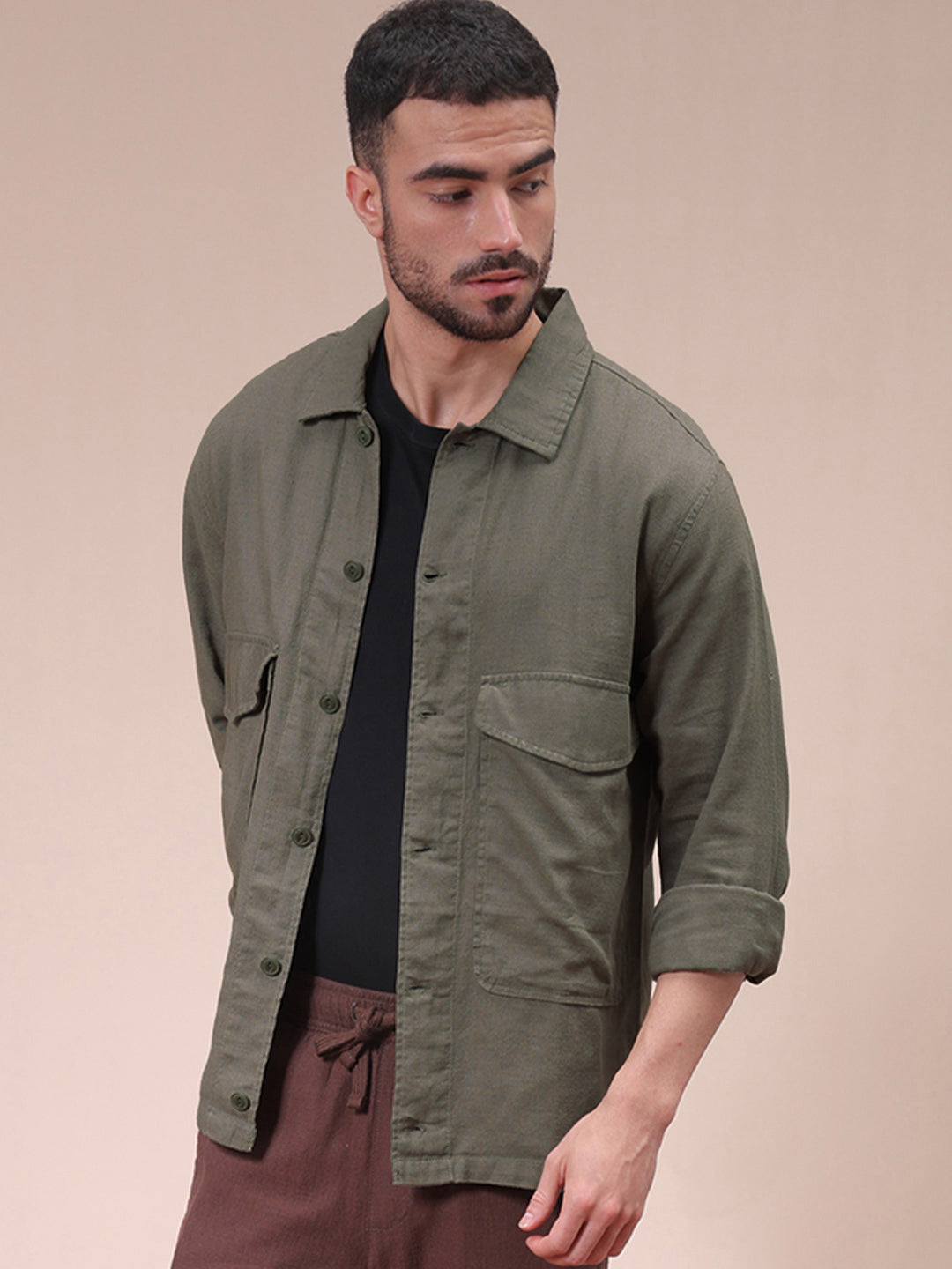 The Indian Garage Co Men Regular Fit Solid Double Flap Pocket Resortwear Overshirt