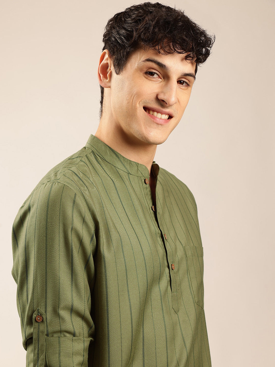 Anouk Striped Mandarin Collar Roll-Up Sleeves Short Kurta