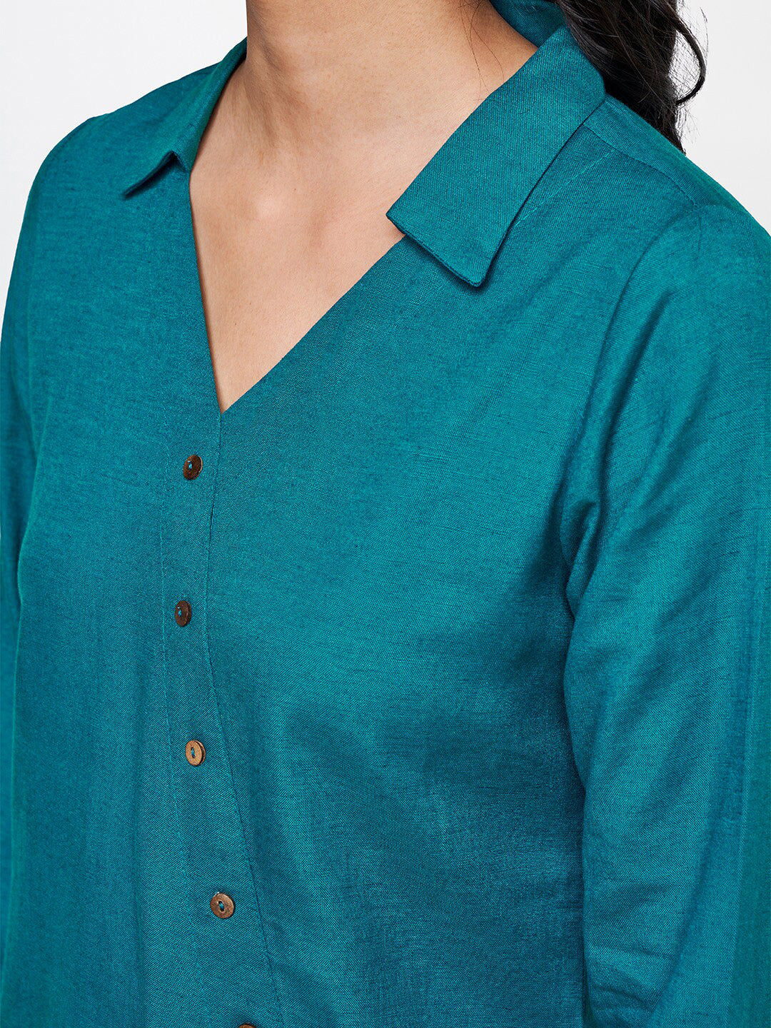 Global Desi Women Teal Solid Rayon Shirt Collar Tunic